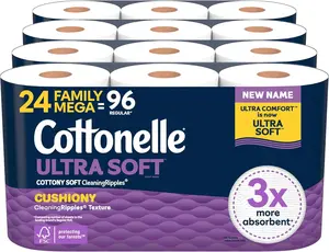 Cottonelle Ultra Soft Toilet Paper with Cushiony CleaningRipples Texture, Strong Bath Tissue, 24 Family Mega Rolls = 108 Regular Rolls (4 Packs of 6)