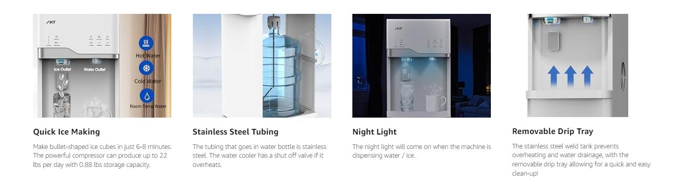 IKT Hot/Cold Water Cooler Dispenser with Ice Maker, 5 Gal, Bottom Load, Bullet Ice 22lbs Per Day Innovative Slim & Sleek Design for Home or Office White