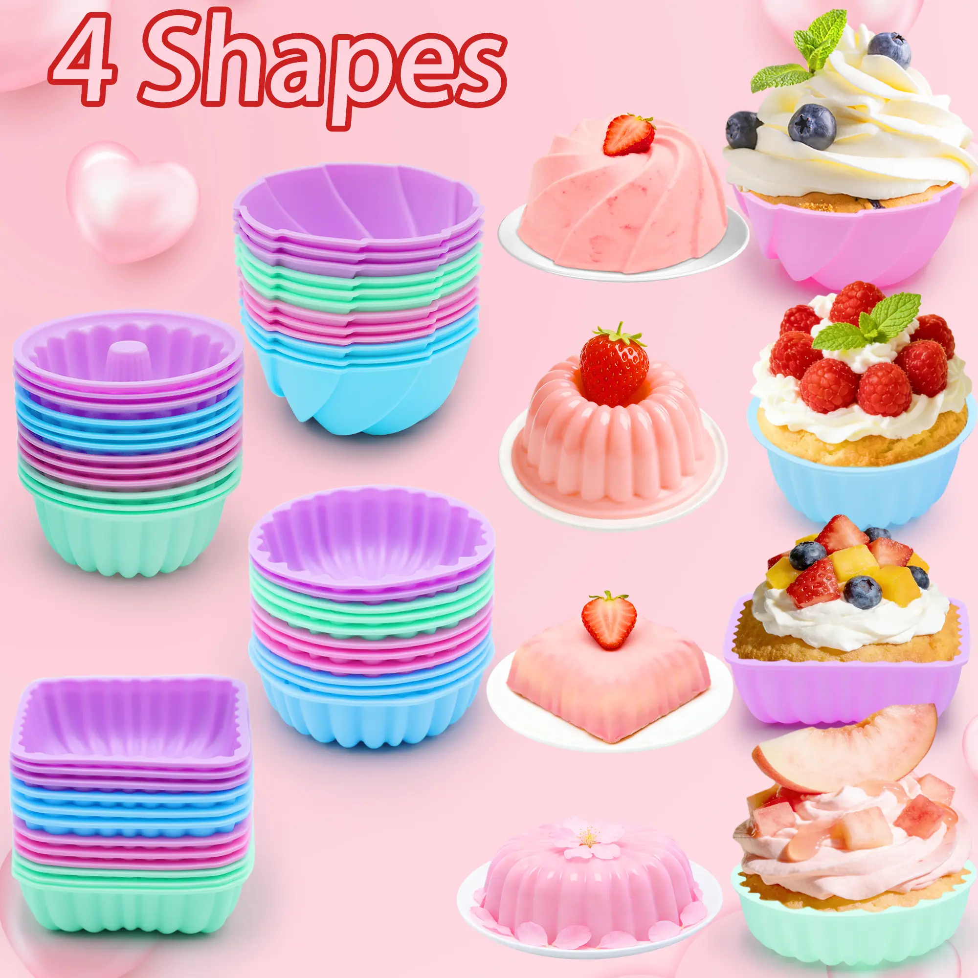 48 Pieces, Silicone  Donut Mold, Deep, Large Reusable Baking Cups，Non-Stick, 4 Shape Silicone Molds, Heat Resistant Bakeware for Bagel, Muffin, Jello and Cake Baking，Oven- Microwave- Dishwasher Safe，Easter gifts
