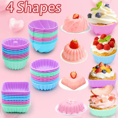 48 Pieces, Silicone  Donut Mold, Deep, Large Reusable Baking Cups，Non-Stick, 4 Shape Silicone Molds, Heat Resistant Bakeware for Bagel, Muffin, Jello and Cake Baking，Oven- Microwave- Dishwasher Safe，Easter gifts, Baking Molds, Flexible
