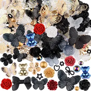X-HDJ17  350 Pieces 3D Resin ABS Colorful Rose Flower Bows Butterfly Charms with Flatback Half Round Pearl Beads for Bracelet Earring Necklace Craft DIY Making Supplies (Black)
