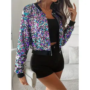 Women's Glitter Sequin Zip Up Jacket, Casual Long Sleeve V Neck Outerwear for Daily Wear, Ladies Clothes for All Seasons, Coats