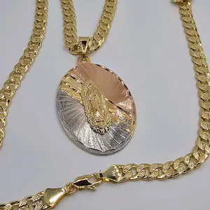 VIRGIN MARY beautiful necklace Cuban link style gold-plated 24"inches stmp