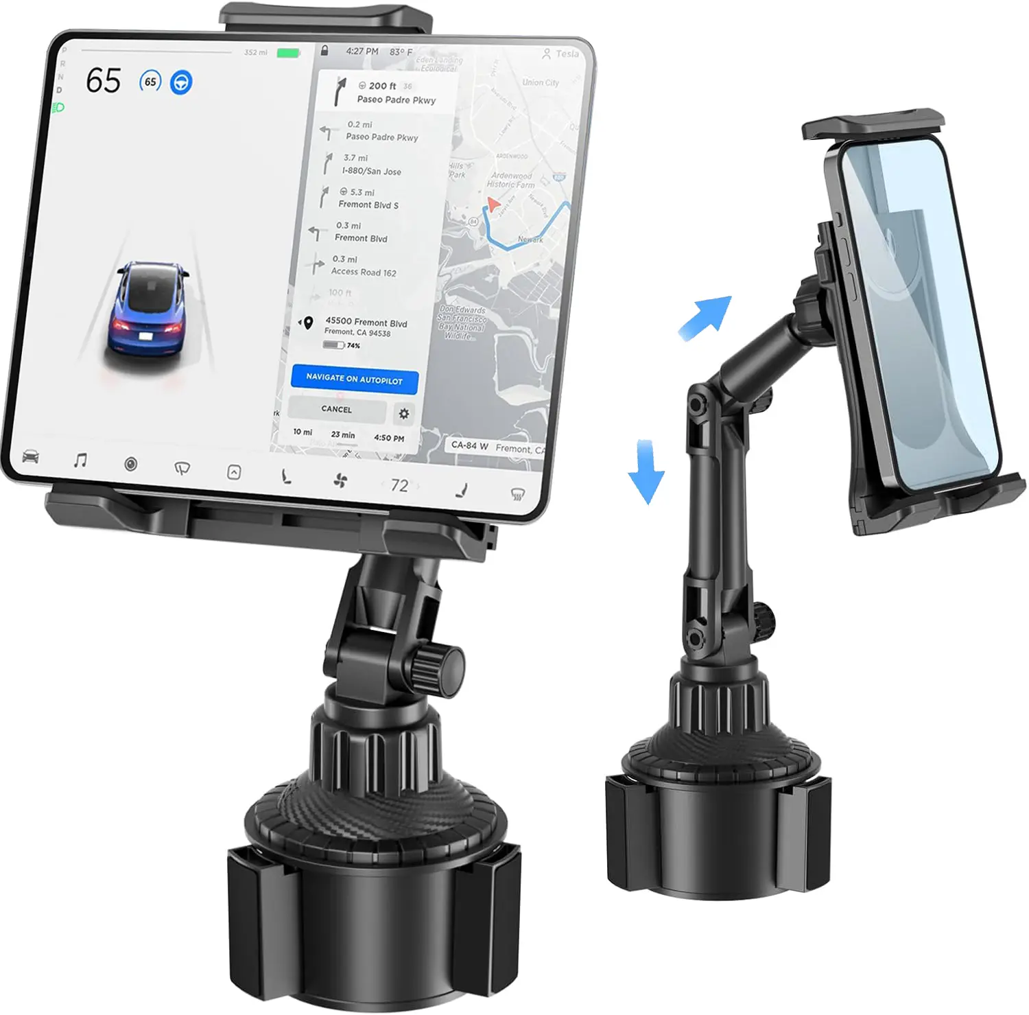 Adjustable Car Cup Phone Mount Holder Adjustable Stand Cradle Universal Fits for iPhone Samsung iPad Mini Air 4.7-11.8" Tablet PC Smartphone Cellphone