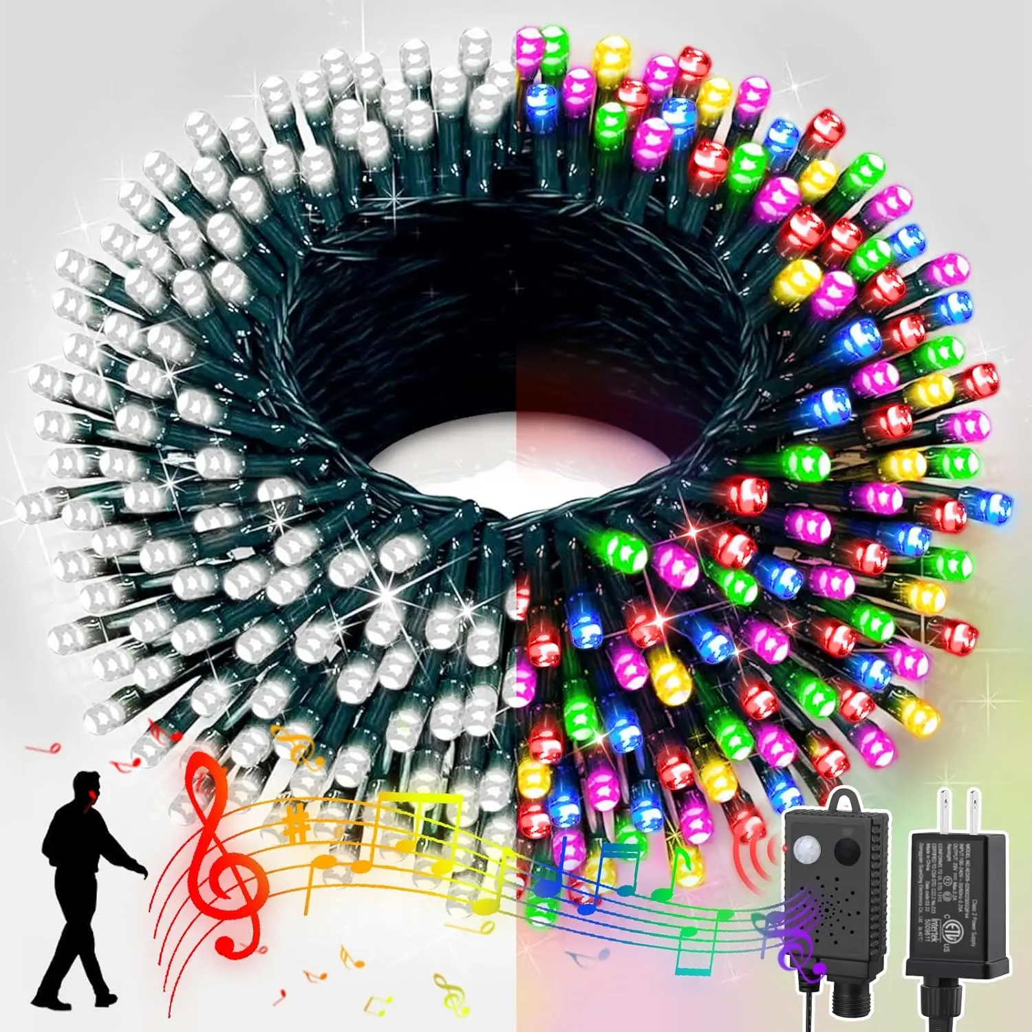 LAMPHOME 66ft Christmas Mini Lights with Music Motion Sensor Controller,200 LED Fairy Starry String Light Plug in for Indoor Outdoor Xmas Tree Wedding Party Decoration (White and Multicolor)