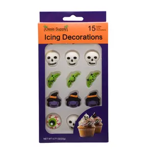 Halloween Edible Cake Decorations - Candy or Cupcake Topper - 15 Count Eyes, Skulls, Witches, Bats