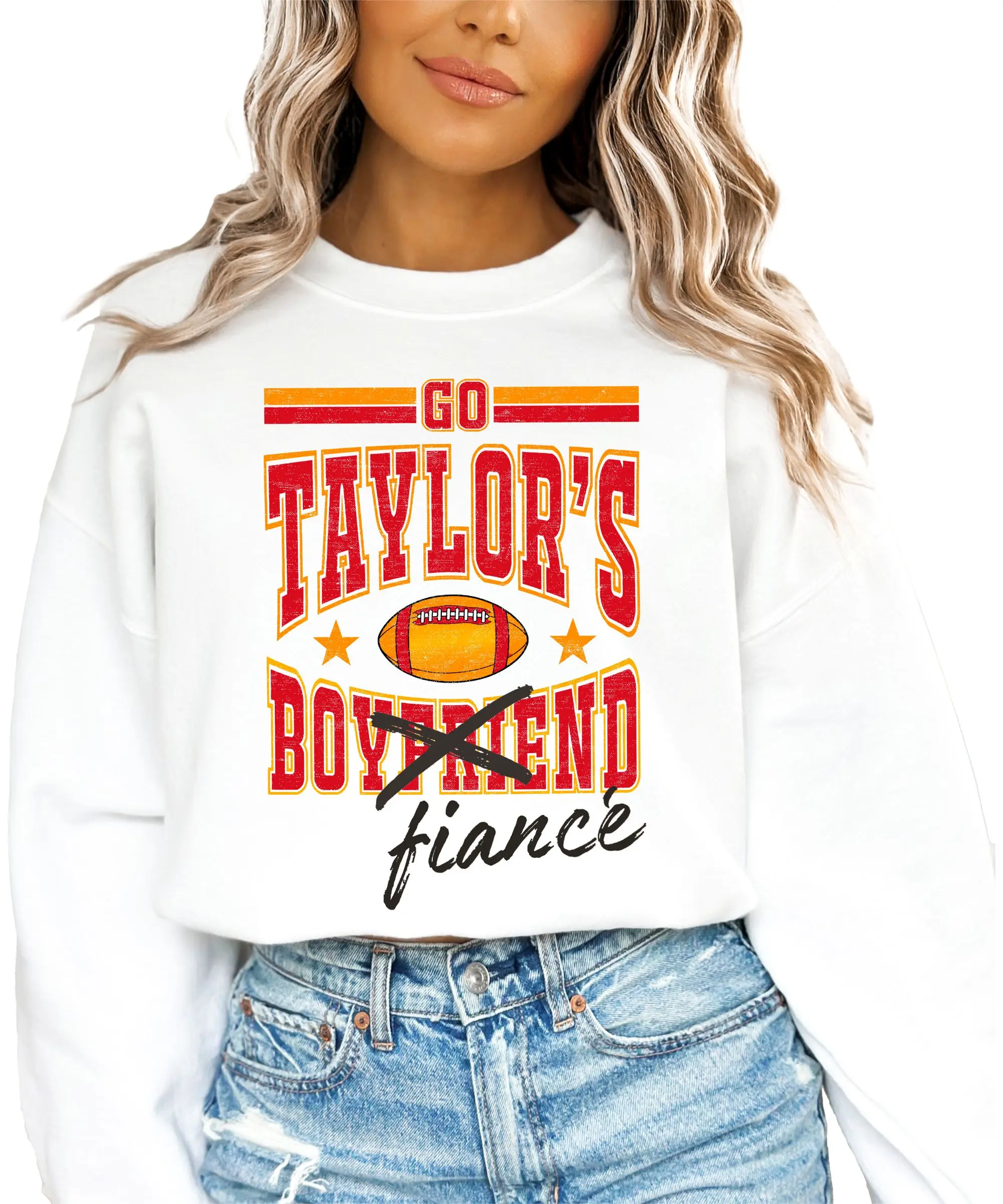 Go Taylor’s Fiancé Crossed Out Boyfriend Sweatshirt - Funny Football Season Crewneck for Women - Red and Gold Game Day Sweater