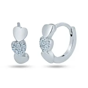 925 Sterling Silver Pave Huggie Hearts Hoop Earrings