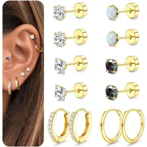 Milacolato Hypoallergenic 20G Surgical Steel Earrings Jewelry - Flat Back Stud Earrings, CZ Embellished Cartilage Stack, Small Stainless Steel Sets for Women’s Multiple Piercings & Daily Wear