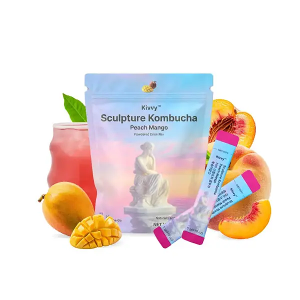 [Hot 2026!!!] Kivvy Korean Debloat Kombucha Beverage (20 Servings, Peach Mango Flavor) with Lemon Balm, Lion's Mane, Instant Powder - Sugar-Free, 0-Calorie, Natural Gut Cleanse, Digestion Support, Stress Calm & Clarity
