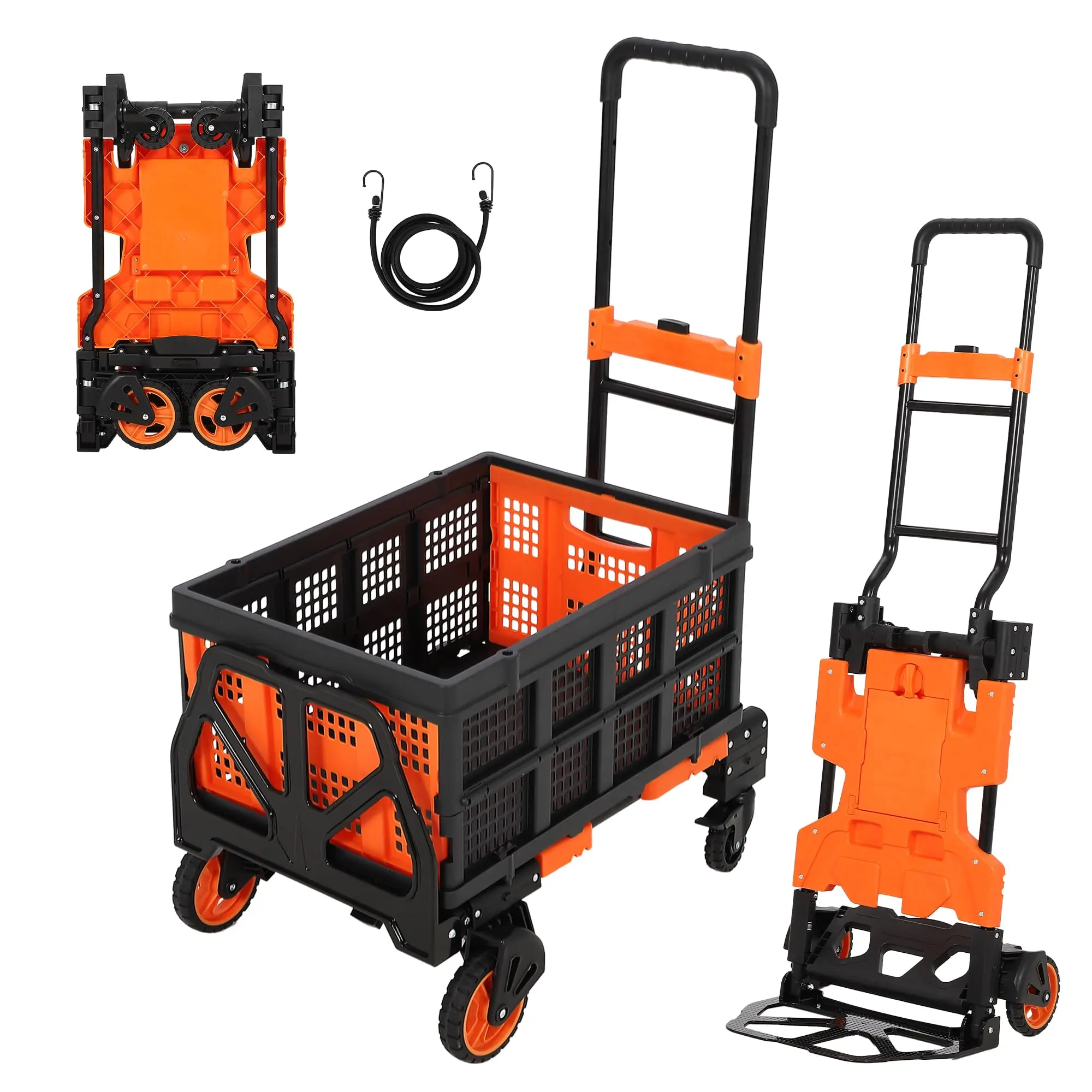 Heavy Duty Folding Hand Truck - 330 LB Dolly Cart with Foldable Basket, Bungee Rope, Rubber Wheels & Retractable Handle - Orange folding shopping cart