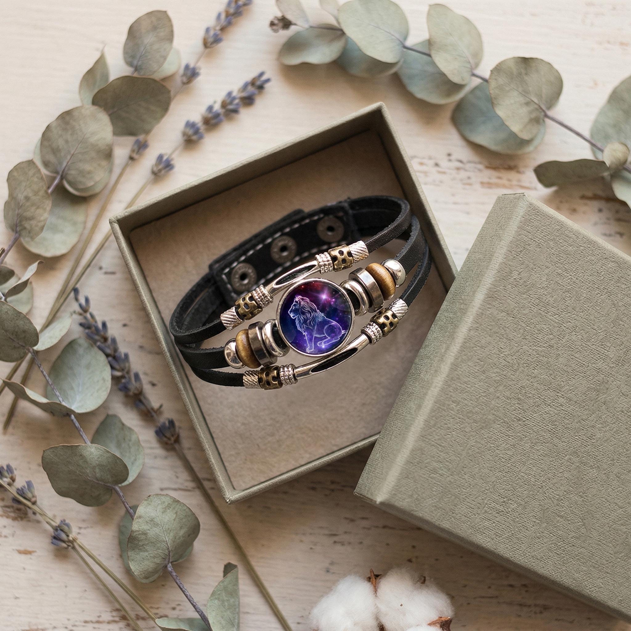 Glow-in-the-Dark 12 Zodiac Signs Leather Bracelet for Women 6.9in/8.1in Fashion Jewelry, Gifts Accessory