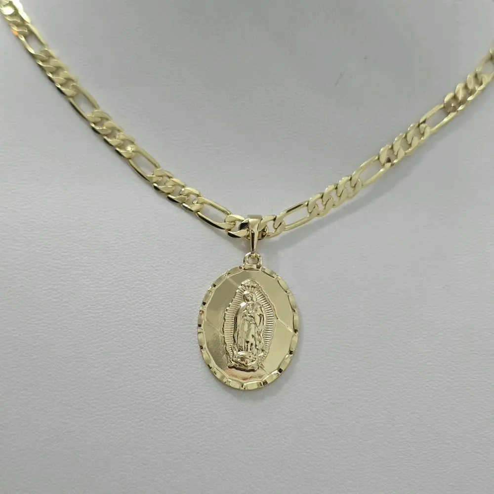 Golden Figaro Chain 18 Inches Long with Virgin of Guadalupe Pendant High-Quality Waterproof Daily Use Necklace