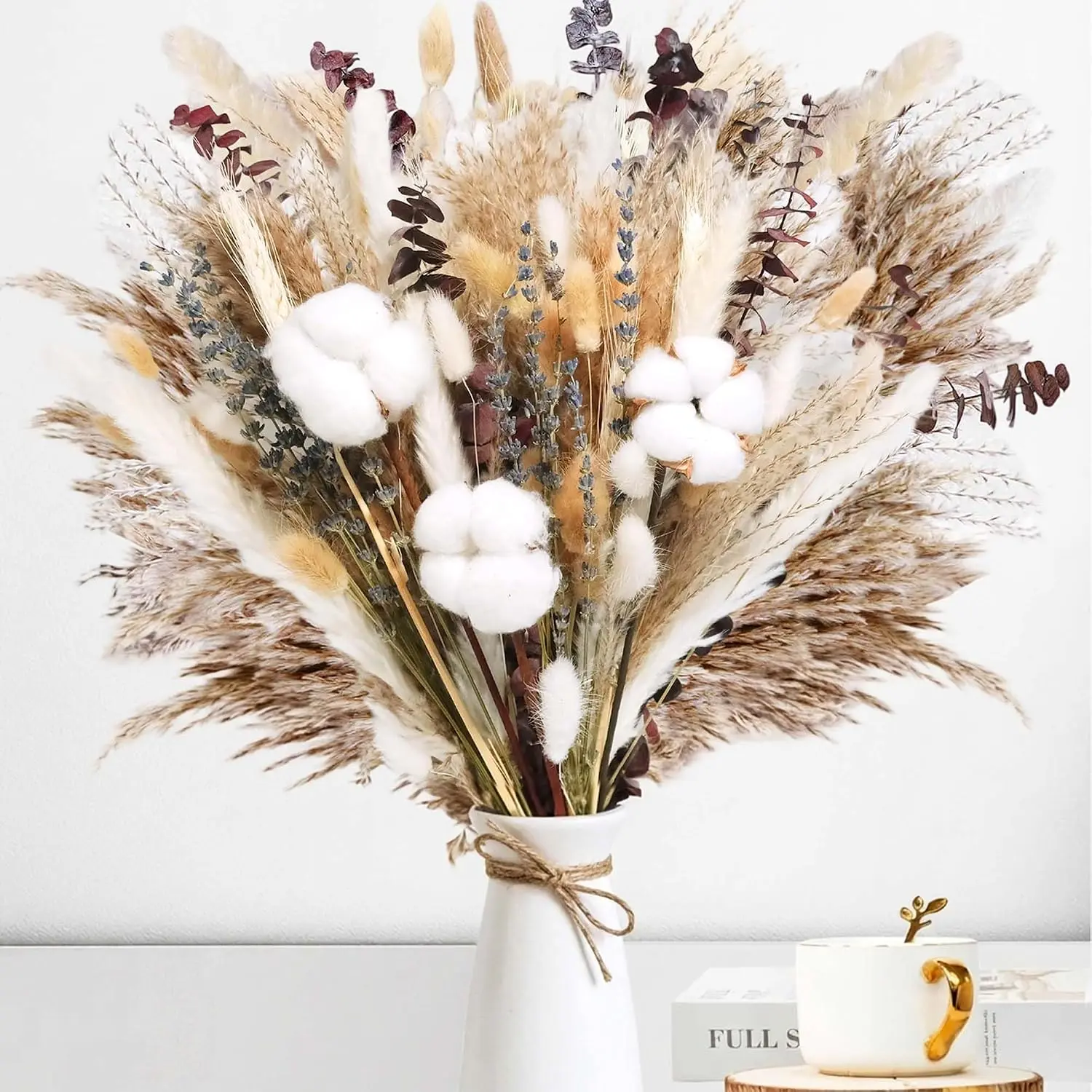 120Pcs Natural Dried Cotton Flower Bouquet - 17'' Boho Pampas Grass, Lavender, Cotton Stems, Bunny Tails, Eucalyptus & Wheat - Rustic Boho Farmhouse Decor for Vase, Wedding, DIY Crafts Perfect for Fall, Halloween & Christmas Decor
