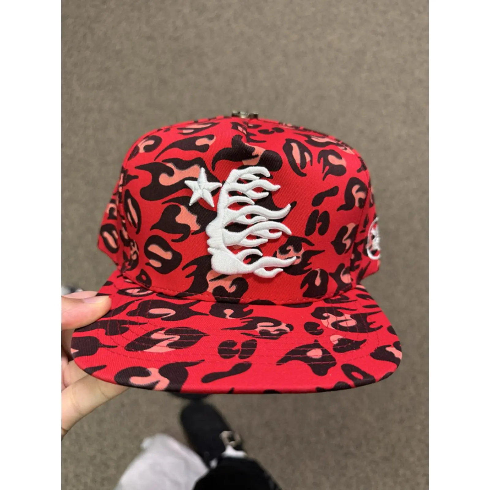Hellstar Red Hat with Leopard Print and White Flame Design