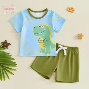 Baby Boy Dinosaur Outfit Set, 2PCS Short Sleeve Cartoon Dino Print T-Shirt + Elastic Waist Shorts, Soft Breathable Summer Clothes for Infant & Toddler, Ideal for Daily Wear & Playtime