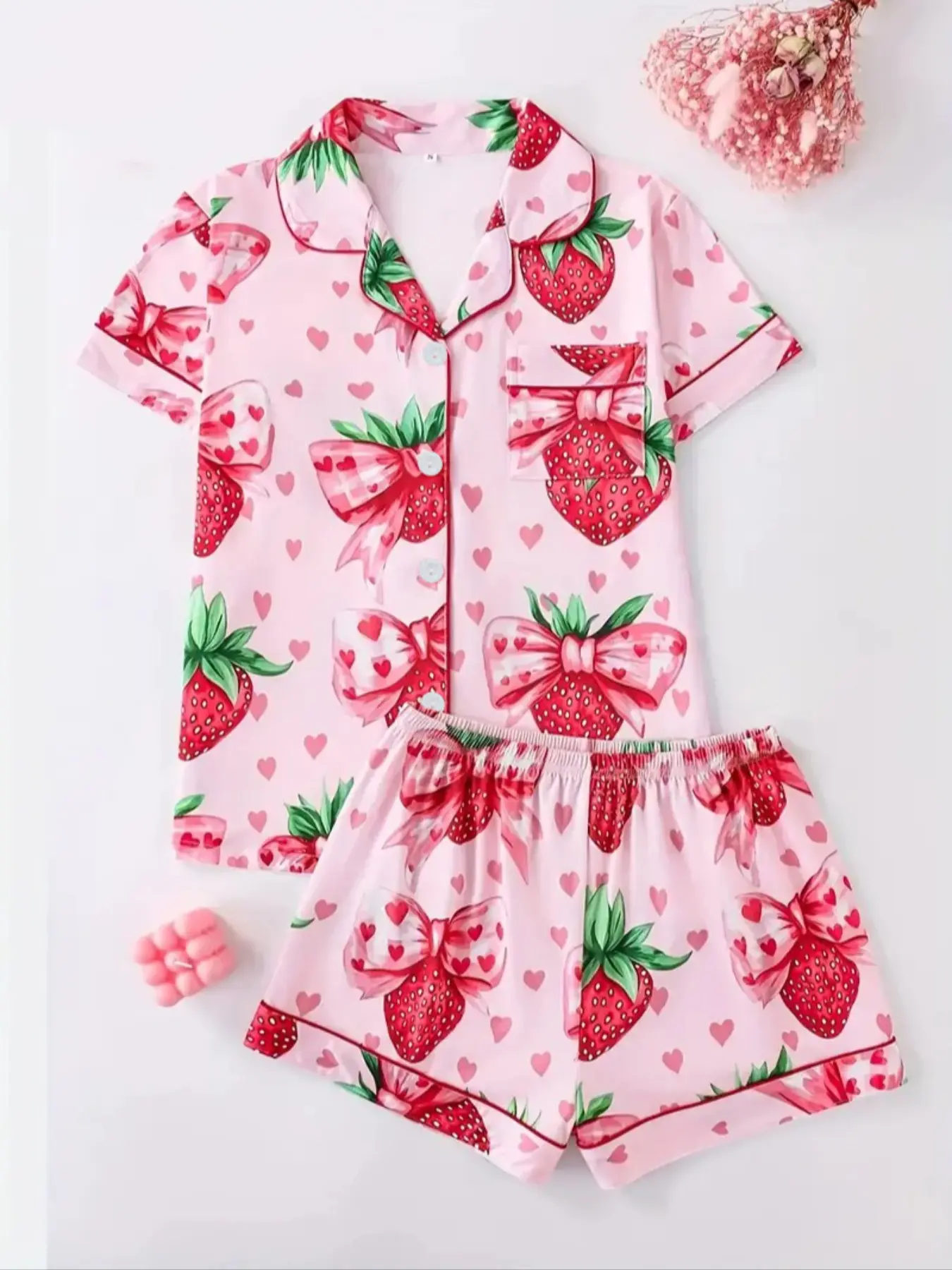 Women's Two-Piece Pajama Set, Loungewear, Casual Comfortable Fitted Short Sleeve Shirt & Elastic Waist Shorts, All-Over Strawberry Print Sleepwear