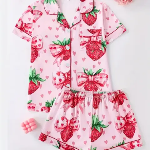 Women's Two-Piece Pajama Set, Loungewear, Casual Comfortable Fitted Short Sleeve Shirt & Elastic Waist Shorts, All-Over Strawberry Print Sleepwear