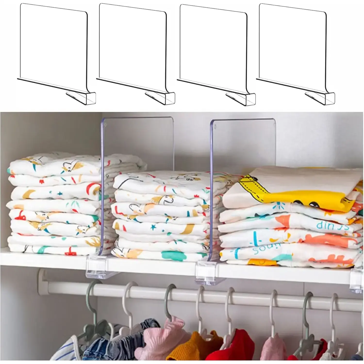 4 Pack Clear Acrylic Shelf Divider for Closet Organization - 9.2″ Tall Closet Dividers for Wood Shelves,Cupboard,Vertical Shelf Separators in Closet for T-Shirt,Purse,Handbag,Sweater Organizer