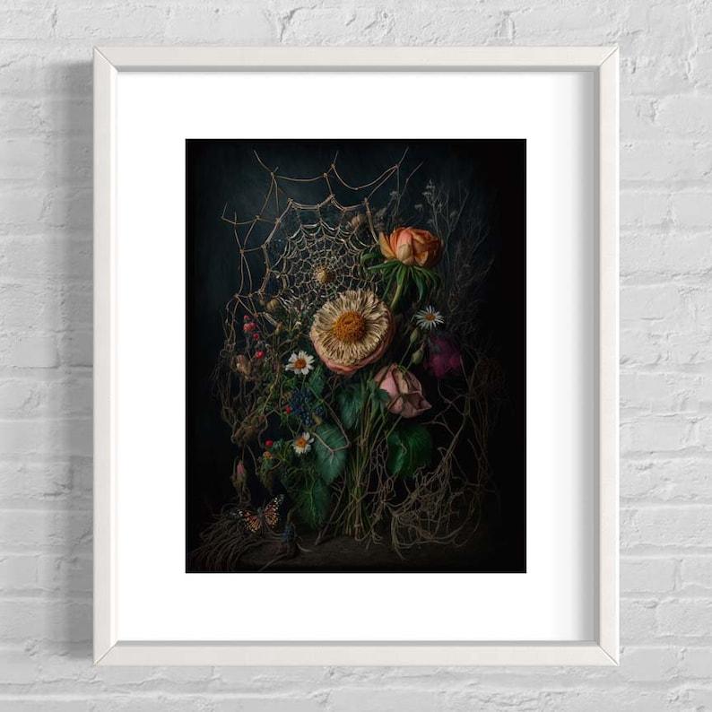 Gothic Floral Wall Art, Flowers and Spiderweb, Moody Aesthetic, Botanical Antique Painting, Dark Academia Decor, Room Decor