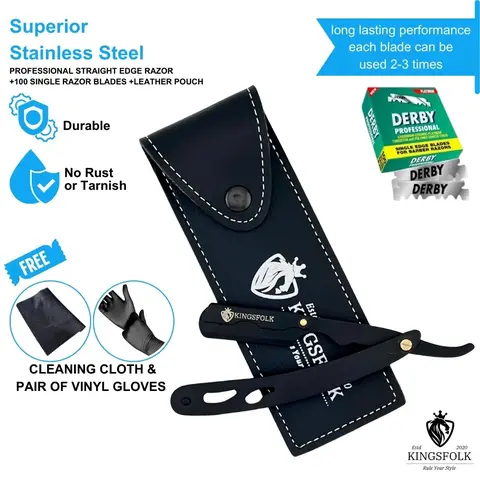 KINGSFOLK Stainless Steel Straight Safety Razor for Men - 100 Single Blades, Comfort Leather Pouch, Ergonomic Handle, Classic Manual Beard Remover, for Face & Body Shaving, Smooth Results, Safety Razors