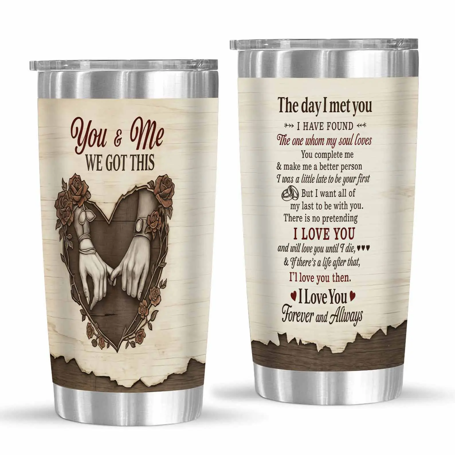 20oz Stainless Steel Insulated Vacuum Flask - Romantic Couple Quote, Heart Rose Print, Double Wall, Portable Bottle with Straw & Lid, Keeps Drinks Hot/Cold, Ideal Wedding Anniversary Valentine Gift for Home/Office