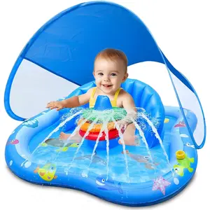 Baby Play Mat with Sprinkler, Inflatable Baby Pool Float with Canopy Backrest & Stackable Rings Water Sprinkler for Kids, Outdoor Water Play Toys for Toddlers Backyard Swimming Water Games