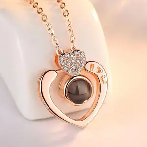 Double heart-shaped Necklace 100 Languages I Love You Memory  Necklace Projection Pendant Necklace For Women Silver Tone For Couples Picture Pendant Projection Necklace Valentine's Day Birthday Memorial Gifts for Girlfriend Lover Wife Women