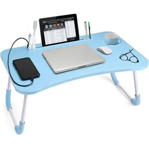 Lap Desk with Cup Holder, Foldable Laptop Table for Bed, Portable Bed Desk for Laptop and Writing, Computer Tray with Tablet Slot, Notebook Stand Reading Holder for Couch Sofa Floor,Blue