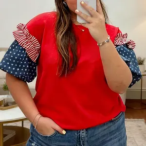 Fiery Red Plus Size 4th of July Striped Ruffles Star Short Bubble Sleeve Patchwork Top for Womenswear Streetwear