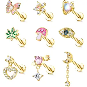 ZELORES 9 Pcs 16G Surgical Stainless Steel Cartilage Earrings Female Golden Flower Butterfly Conch Tragus Ear Nail Hypoallergenic Piercing Jewelry