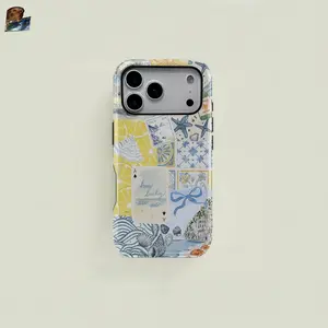 This protective case features a refreshing blue and yellow watercolor-style coastal seashell patchwork pattern. It's a durable 2-in-1 case compatible with iPhone 17/16/15/14/13/12/11 Pro Max/Plus/Pro and Samsung Galaxy S25/S24/S23 Ultra series.