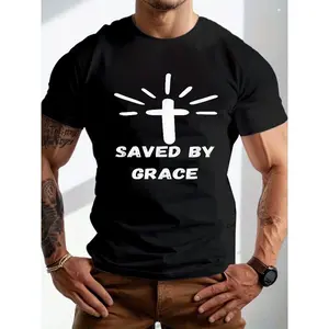 A Fit Male Model Is Showcasing a Snug Black Short-Sleeve T-Shirt Featuring a Luminous White Christian Cross Design And The Phrase 'Saved by Grace' in a Bold, Distressed Sans Serif Font, Perfect for Casual Wear, Workouts, Or Street Style