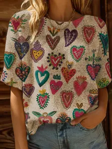 Spring Summer Knit Top, One Shoulder Straps, Colorblock Heart Cartoon Print, Short Sleeve, Casual Elegance, Women's Vacation Style