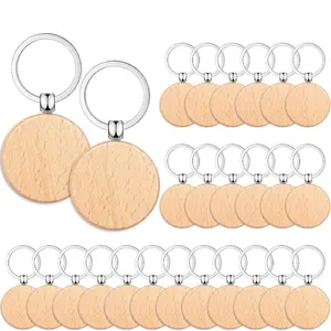 25/50 Pack Unfinished Wooden Keychains - DIY Laser Engraving Wood Circles with Stainless Steel Rings for Crafts, Christmas Ornaments, Wedding Decorations