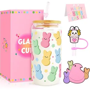 Easter Glass Cups with  and Straws, Easter Basket Stuffers Gifts for Women Girls Teens Daughters, 16oz  Bunnies Iced Coffee Drinking Glass Cups Tumbler Mug