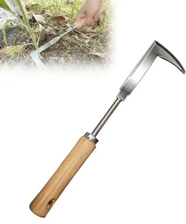 Stainless Steel Compact Gardening L-Shape Weeder Tool - Solid Wooden Handle, Ergonomic Manual Hand Tool with Multi-Angle Cut for Lawn, Pavement Cracks (In-Sized Design)