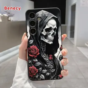 Grim Reaper Pattern Straight Edge Phone Case Compatible with Galaxy S23 Ultra S24 Plus S25 S22+ Shockproof Drop Protection Rugged Durable Liquid Silicone Cover Cellphone Protective
