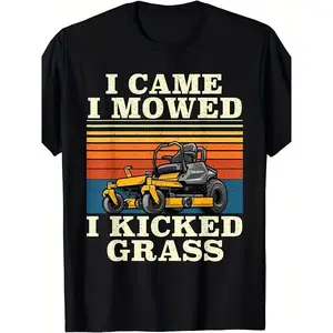 Men'S Funny Lawn Mower Graphic T-Shirt - "I Came I Mowed I Kicked Grass" Retro Design with Lawn Mower & Grass Clippings Print - Comfortable Casual Short Sleeve Round Neck Tee for Lawn Care Workers, Gardeners & Outdoor Enthusiasts - All-Season Comfor