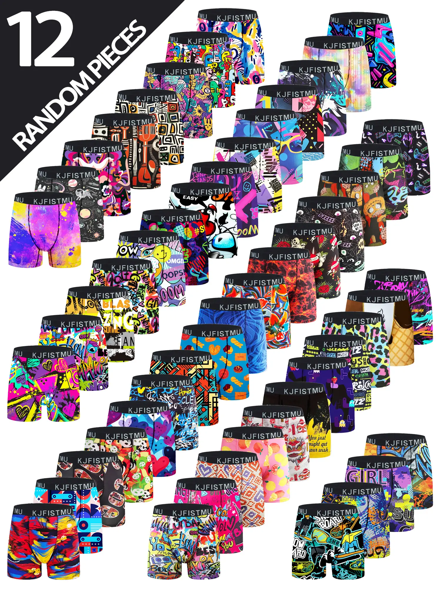 KJFISTMU Men's Boxer Briefs 12pcs Assorted Graffiti Camo Print Breathable Moisture-Wicking Anti-Slip No-Roll-Up Design for Office Home Sports Fitness
