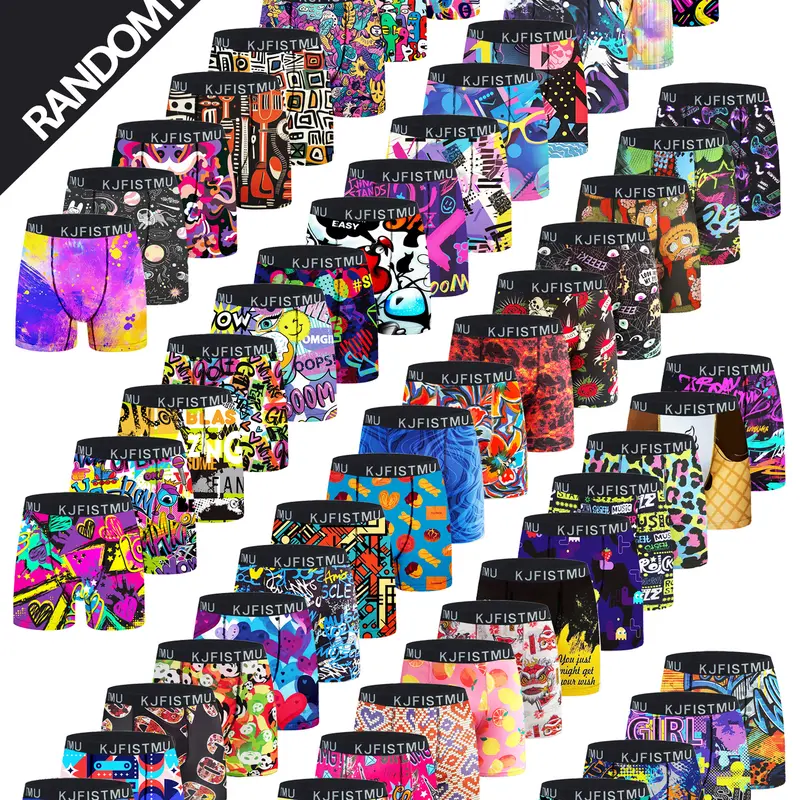 KJFISTMU Men's Menswear Fitness Boxer Briefs, 12pcs Assorted Novelty Graphic Graffiti Camo Printed Non Slip Underwear - Breathable, Moisture-Wicking, No-Roll-Up Design for Office, Gym