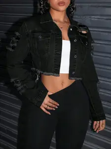 Women's Y2K Fashion Denim Jacket, Casual Short Coat with Ripped Design, Trendy Streetwear Outerwear for Spring & Fall Seasons
