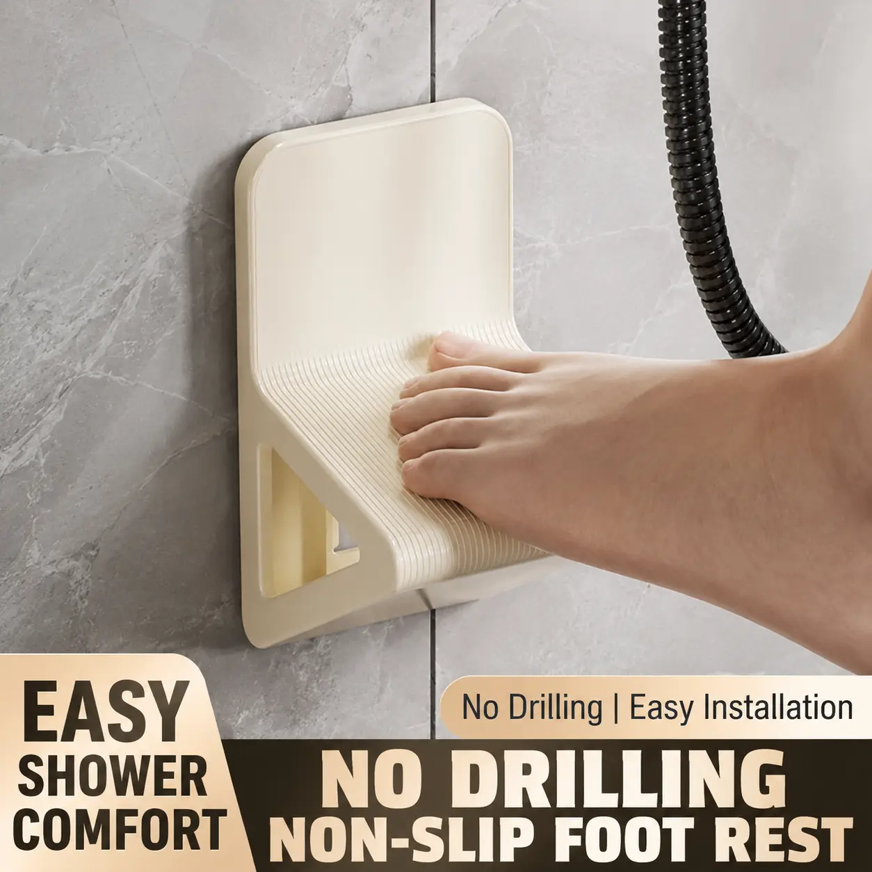 No-Drill Peel-and-Stick Shower Footrest, Wall-Mounted Adhesive Leg Rest Stand with Non-Slip Surface, Triangular Ergonomic Design, Smooth Tile Compatible, High Load-Bearing Capacity