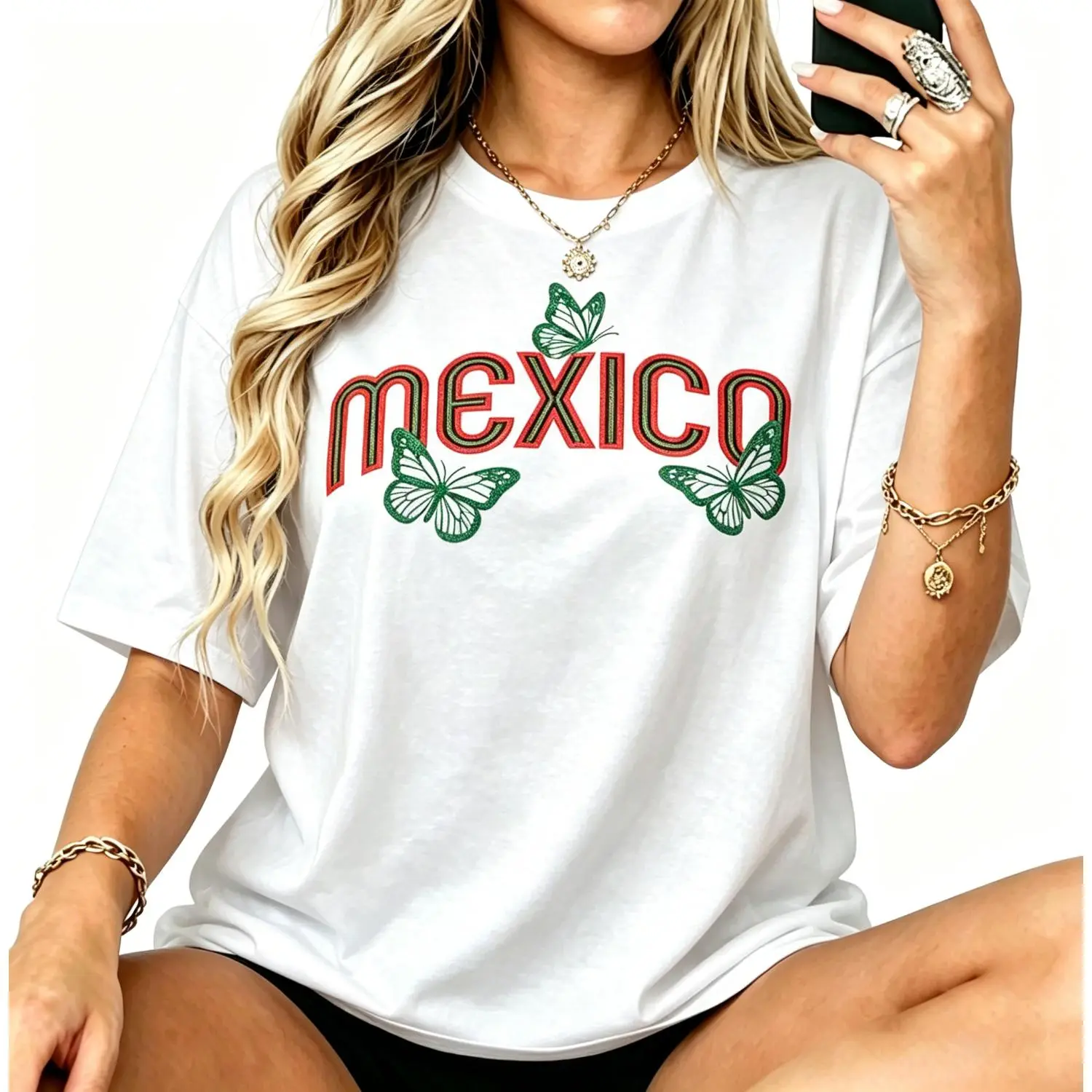Women Mexico Butterfly Print Tee Mexican Flag Girls Mexicana 2026 T-Shirt for Game Day