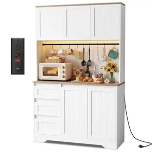 Loftiage 70.8'' LED Pantry Cabinet with Charging Station, Tall Kitchen Pantry Storage Cabinet with Countertop & Cup Hooks, Farmhouse Kitchen Hutch with Storage Drawers for Dining Room, White