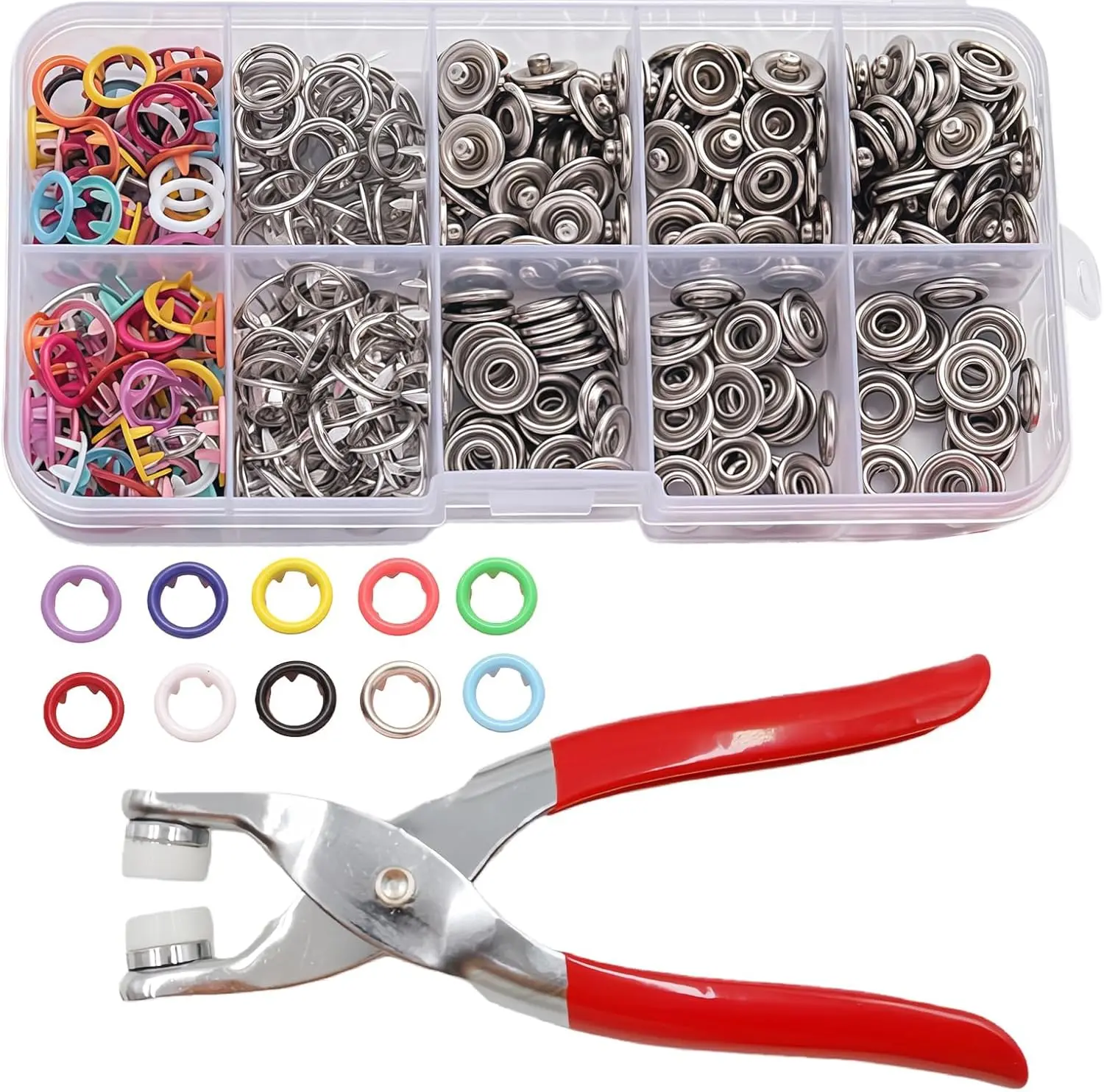 DepotWind 100-Set Colorful All-Season Metal Snap Button Kit (9.5mm) – Includes Pliers, Metal Parts, 10 Colors, Perfect for DIY Crafts, Sports & Outdoor Clothing Repairs (Sports Bras Compatible)