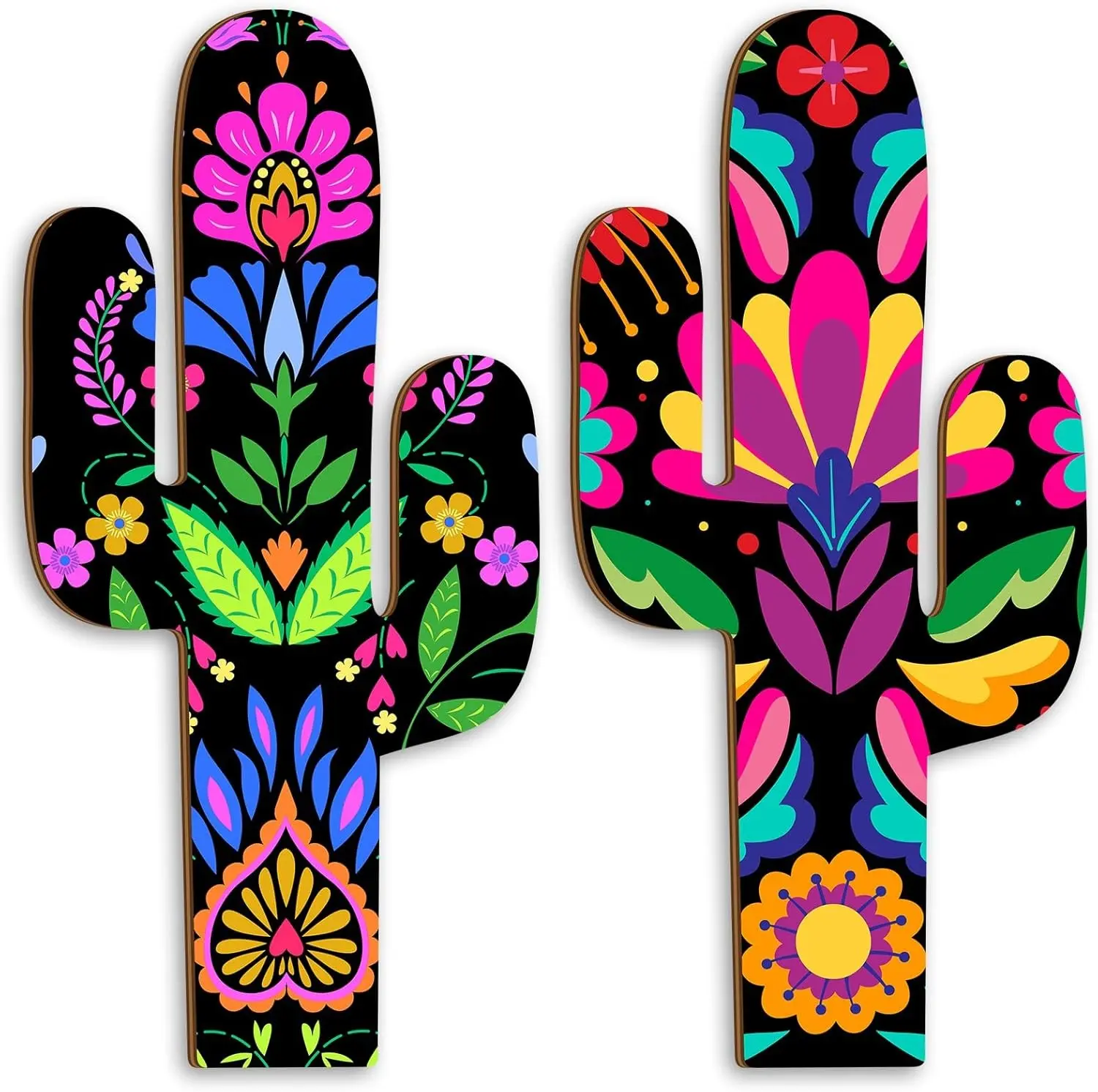 2-Piece Retro Multicolor Mexican Talavera Wood Cactus Wall Art Set, Hanging Mount Decor (7.48x15.75in) for Home Living Room Bedroom Fiesta Party
