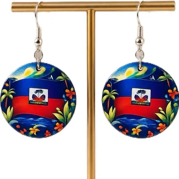 Women's Haiti Country Flag Teardrop Dangle Earrings - Lightweight Leather Wood Gold Brass Hypoallergenic Non Tarnish Jewelry Set, Patriotic Chic Gifts (4.5 Stars)