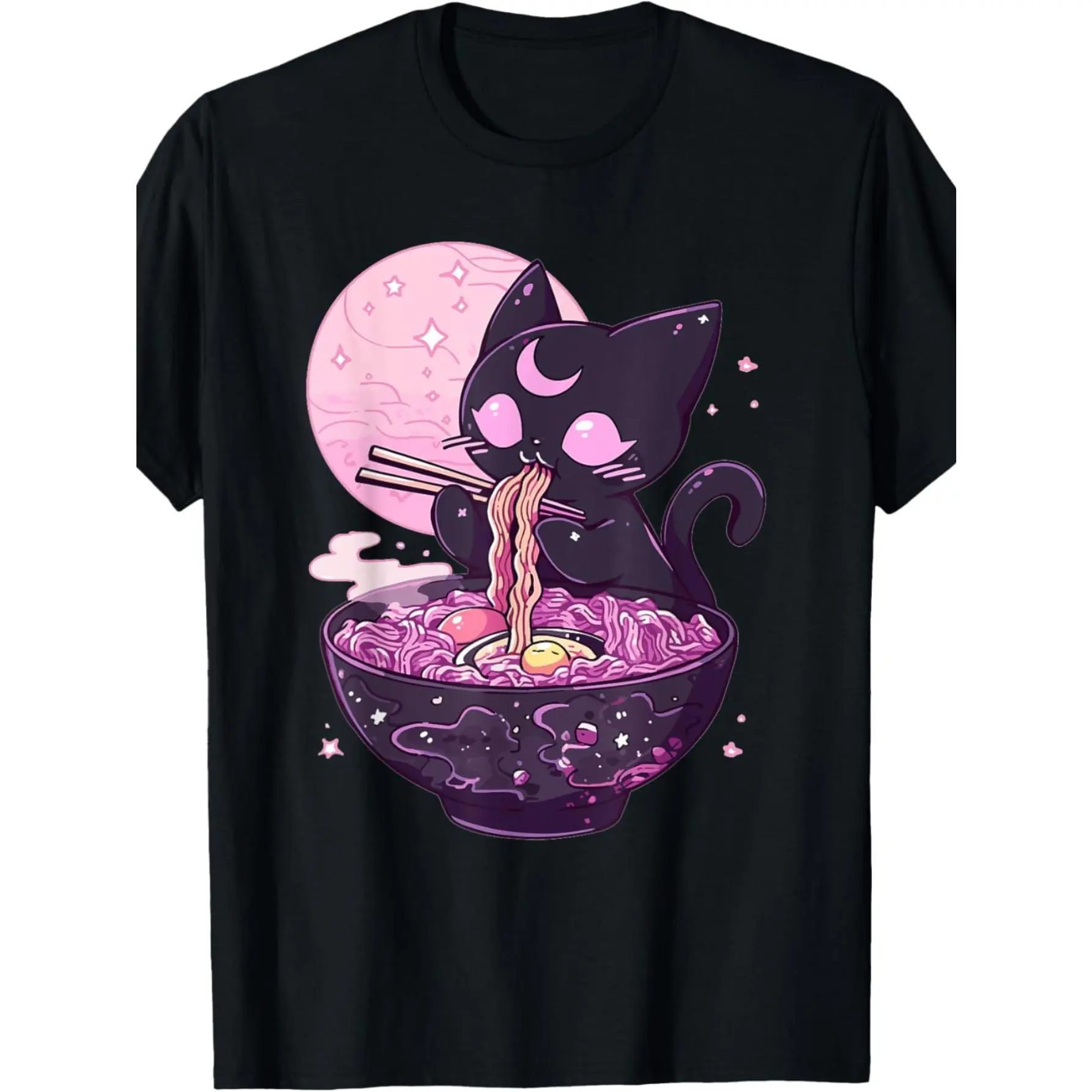 Dark Cute Gothic Anime Cat Ramen Short-Sleeve Round Neck Cotton Casual T-Shirt - Sports Top With Whimsical Moon & Stars Design, Perfect For All Seasons, Anime Fan Apparel, Vibrant Print Quality