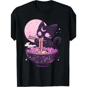 Dark Cute Gothic Anime Cat Ramen T-Shirt – Cotton Casual Tee With Whimsical Moon & Stars Design, Perfect For All Seasons, Anime Fan Apparel | Vibrant Print Quality